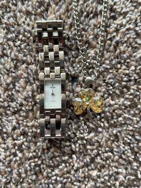 Consort Quartz Women's Rectangular Link Watch and Shamrock Pendant Necklace Set